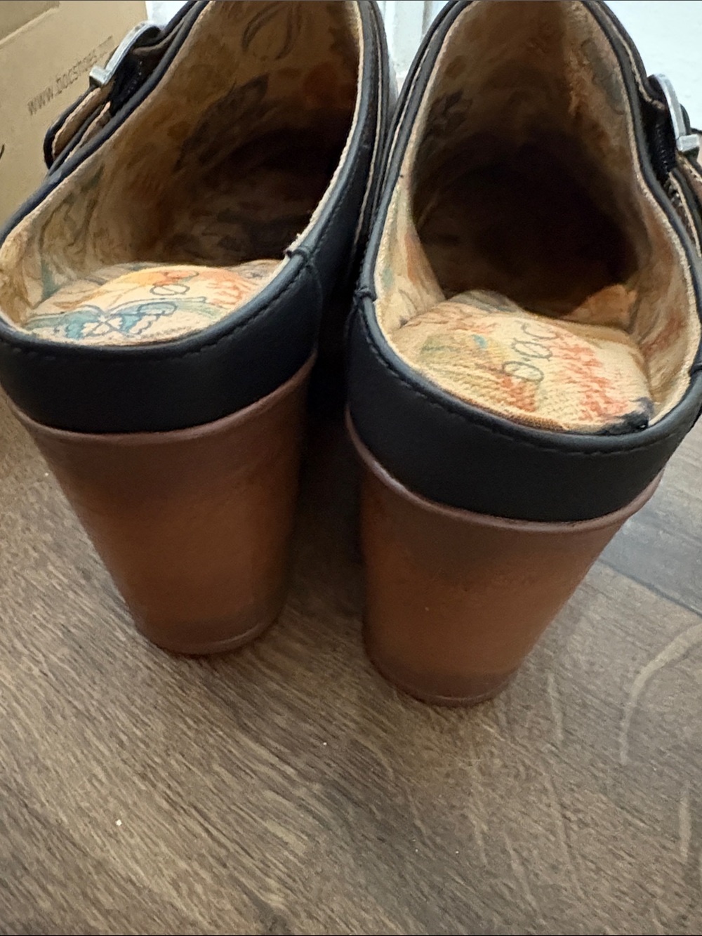 boc Black Leather Clogs with Brown Wood-Look Heel and Buckle - Picture 6 of 14